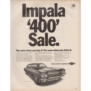 Impala 400 Cubic Inch 265 hp Sale Chevrolet Muscle Vintage Auto Print Ad 1970